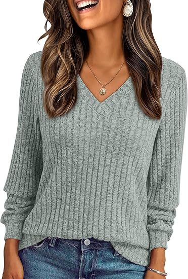 Ladies Soft Ribbed Knit Sweater with V-Neck Mune Fashion