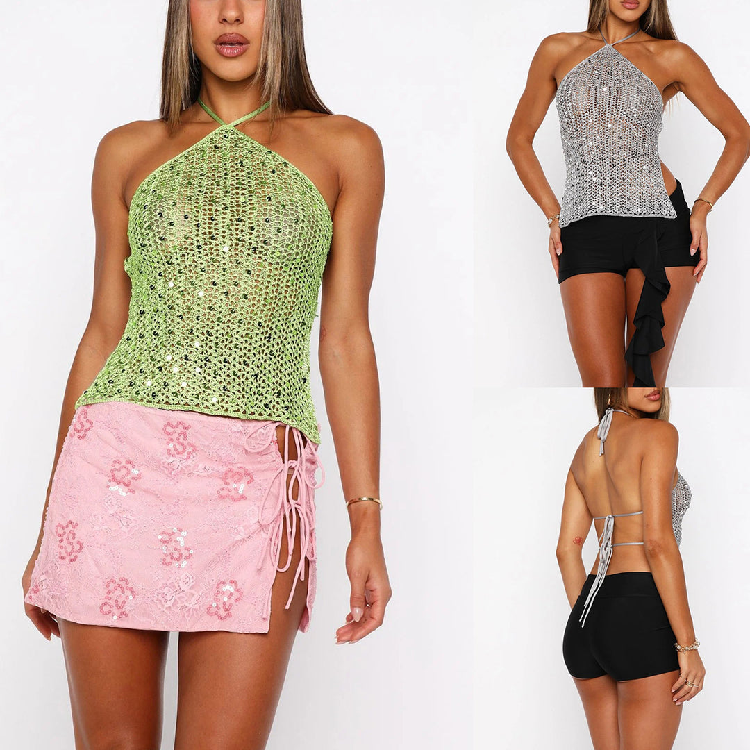 Women Glittering Mesh Top with Refined Details Mune Fashion