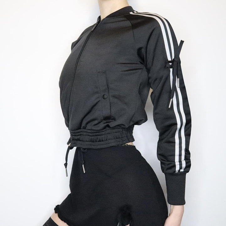 Women's sporty zip jacket in bomber style with side stripes, sleeve ties, and drawstring hem Mune Fashion