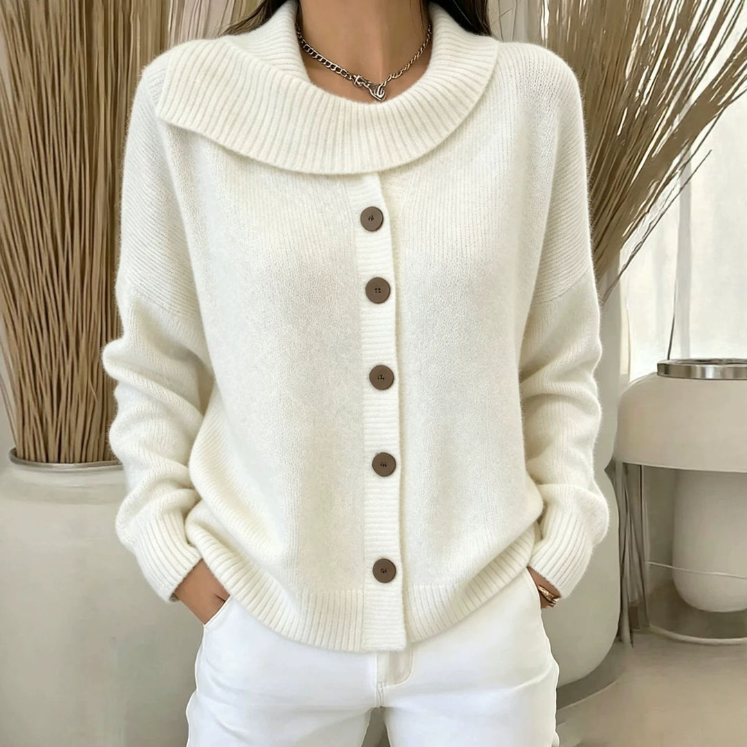 Women's Cozy Button Cardigan with Wide Roll Neck and Ribbed Cuffs Mune Fashion