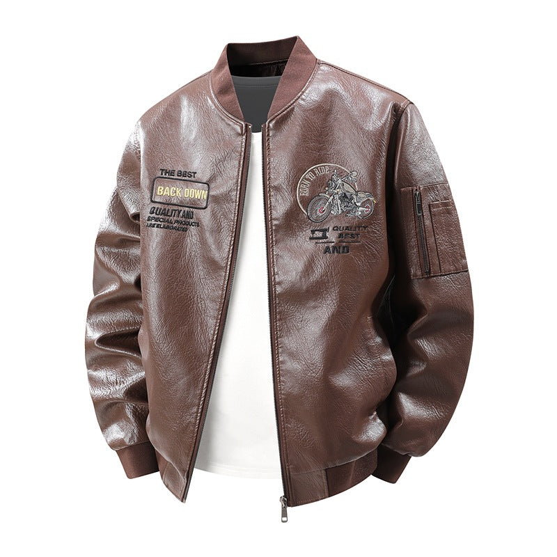 Men's Fashion Faux Leather Bomber Jacket with Detailed Embroidery Mune Fashion