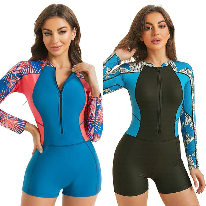 Women's Rashguard Suit with High Collar and Color Block Design Mune Fashion