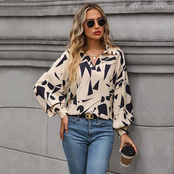 Women's Elegant Blouse with Geometric Pattern and Balloon Sleeves Mune Fashion