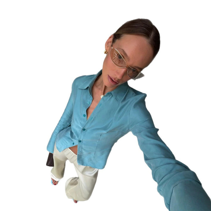 Women's satin blouse with tailored cut, shirt collar, and shaping seams Mune Fashion
