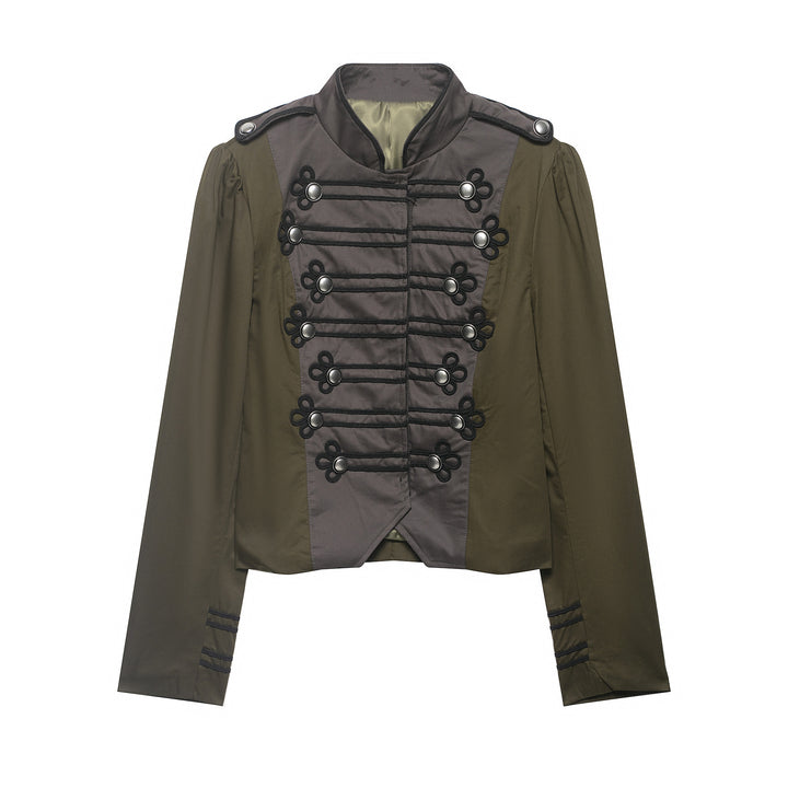 Ladies short jacket in military style with stand-up collar, decorative frog and epaulettes Mune Fashion