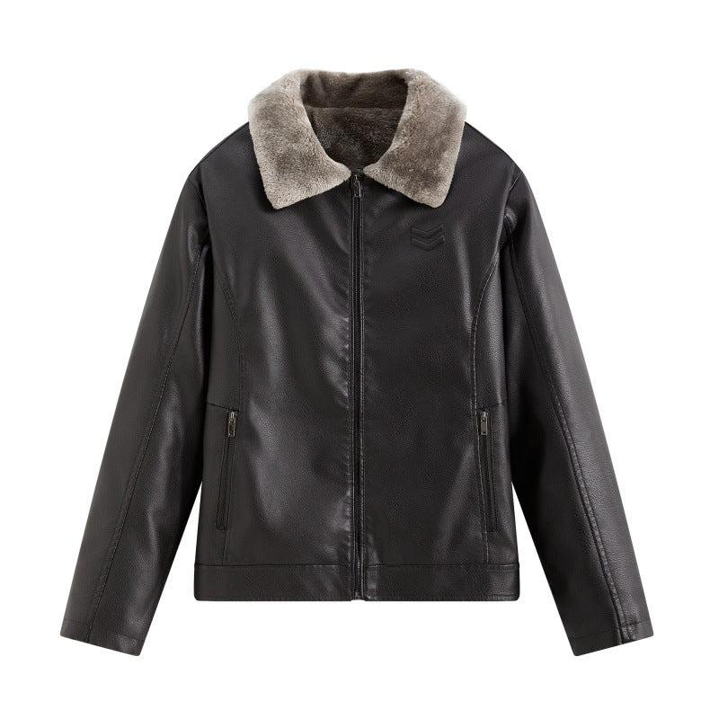 Men's Elegant Leather Jacket with Faux Fur Collar Mune Fashion