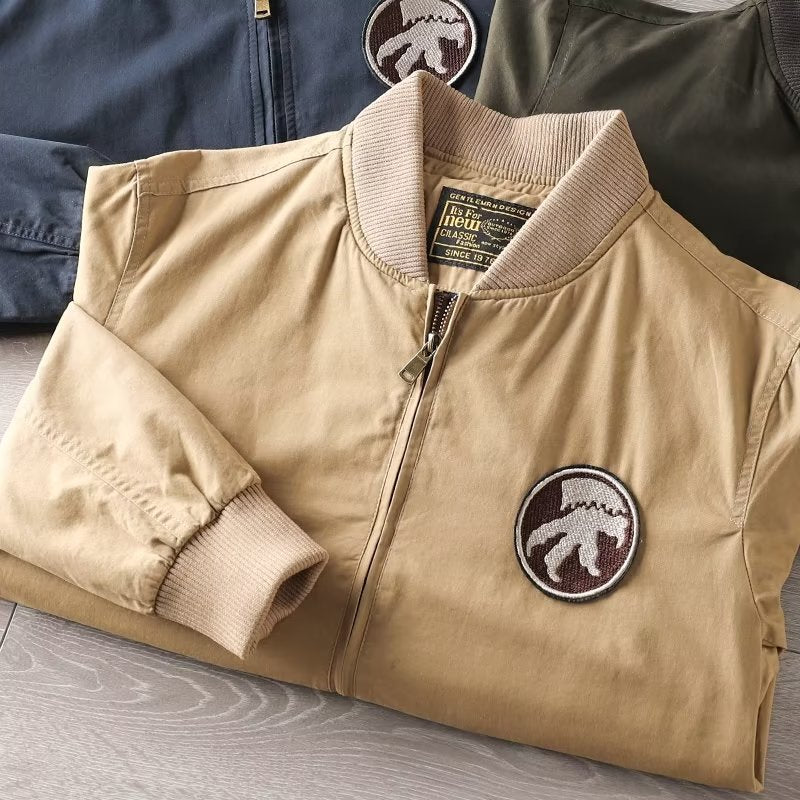 Men's Casual Bomber Jacket with Zipper, Chest Patch and Sleeve Pocket Detail Mune Fashion