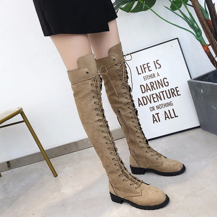 Women Knee-high Lace-up Boots with Continuous Lacing Made of Velour Imitation and Slip-resistant Profile Sole Mune Fashion