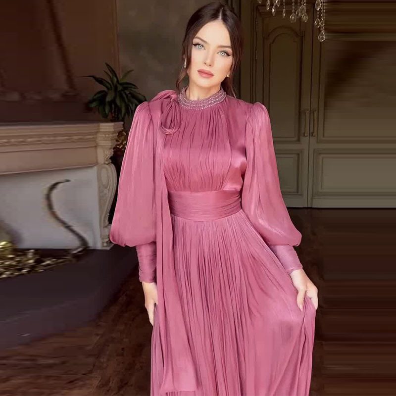 Women Elegant Chiffon Maxi Dress with Tailored Wrap Waist, Stand Collar and Long Puff Sleeves Mune Fashion