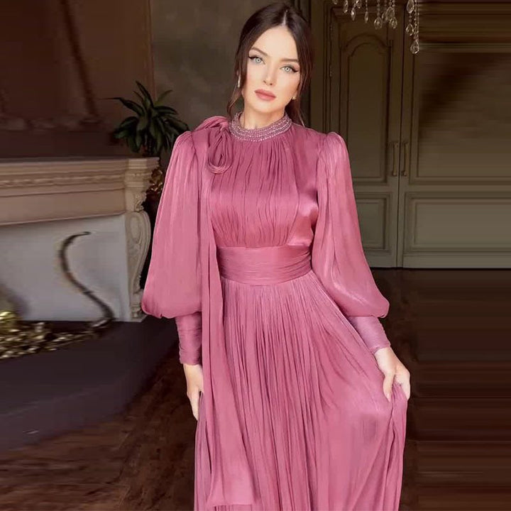 Women Elegant Chiffon Maxi Dress with Tailored Wrap Waist, Stand Collar and Long Puff Sleeves Mune Fashion
