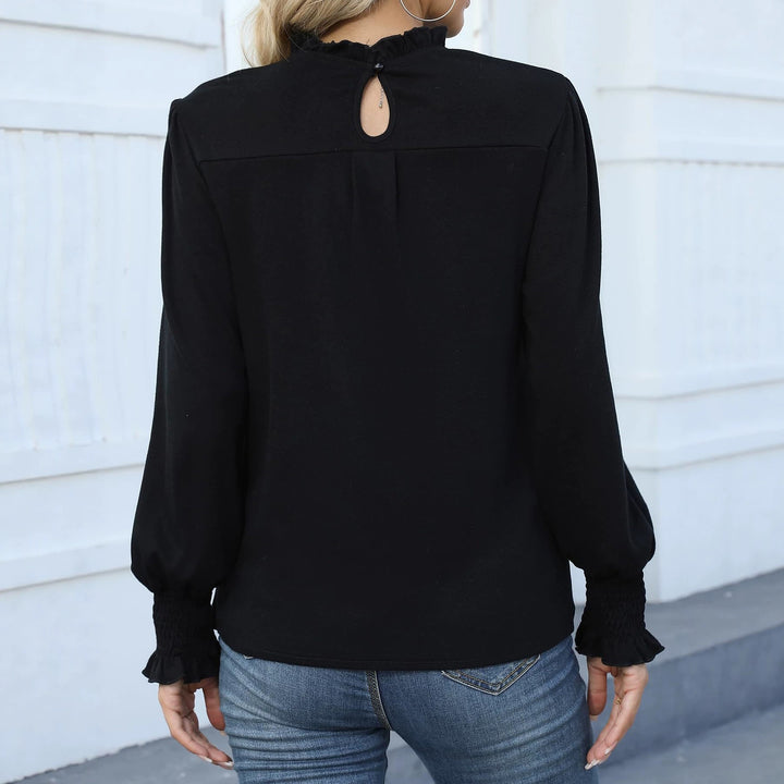 Women long sleeve blouse with stand collar, pleated front and gathered cuffs Mune Fashion
