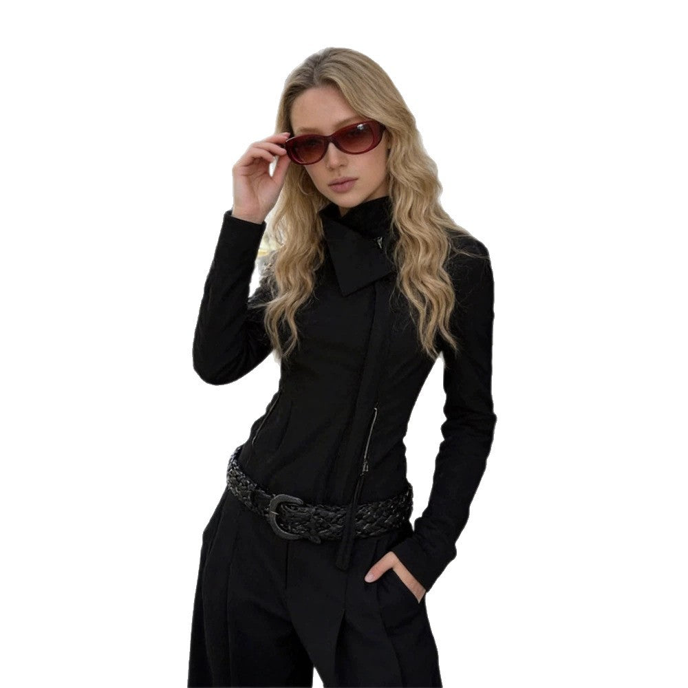 Women Fitted Zip Jacket with Asymmetrical Collar and Figure-Shaping Silhouette Mune Fashion