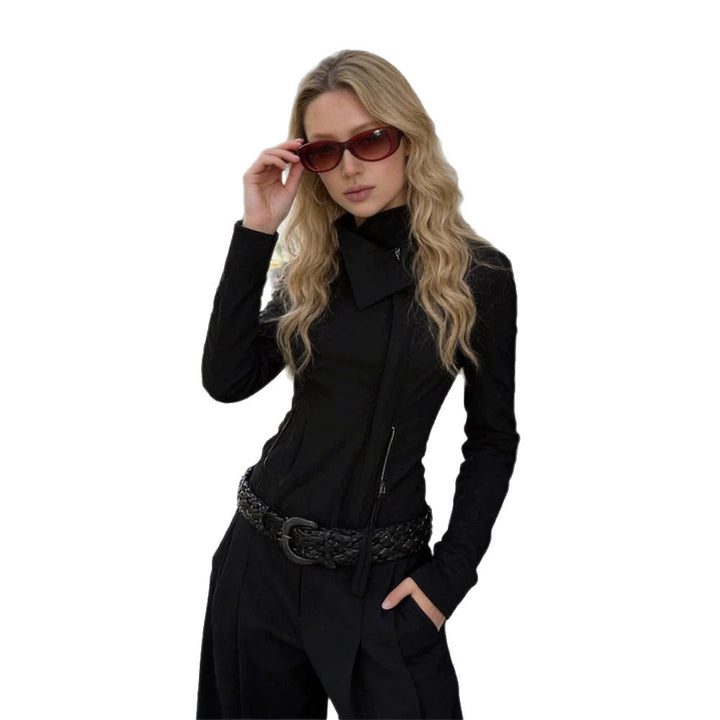 Women Fitted Zip Jacket with Asymmetrical Collar and Figure-Shaping Silhouette Mune Fashion