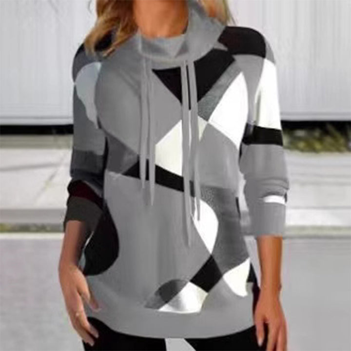 Women's Geometric Hooded Sweatshirt with Drawstring, Longline Cut and Side Pockets Mune Fashion