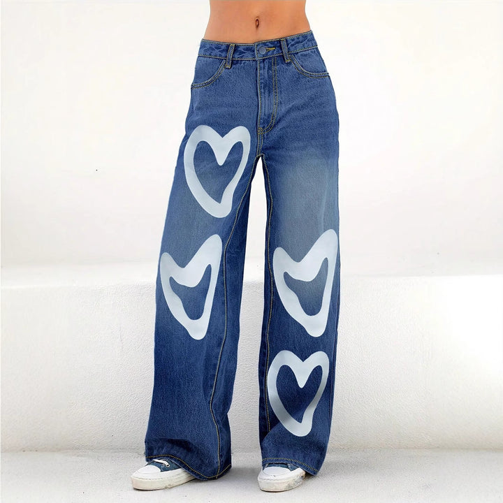 Ladies High-Waist Wide-Leg Jeans with large heart print Mune Fashion