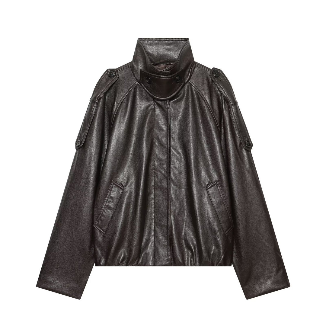 Women's short-cut leather look blouson jacket with high funnel collar, shoulder tabs and integrated patch pockets Mune Fashion