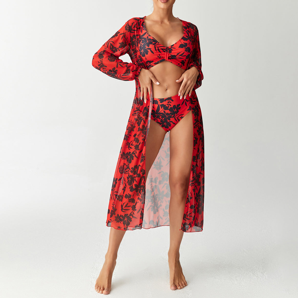 Women’s Bikini Set with Floral Design and Transparent Cover-Up Mune Fashion