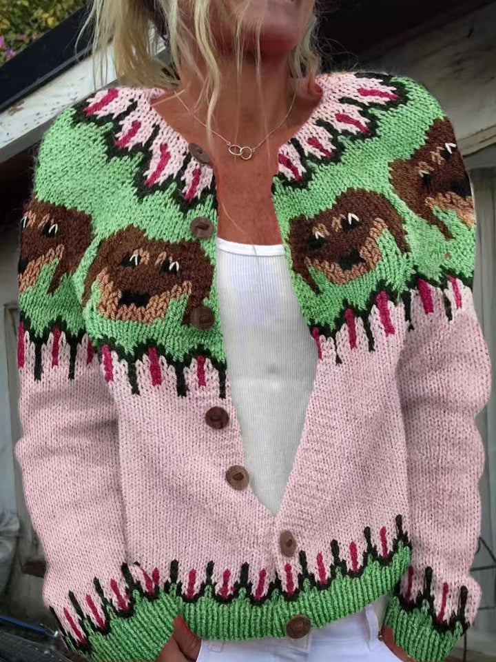 Women's patterned cardigan with round yoke, wooden buttons, and welt pockets Mune Fashion
