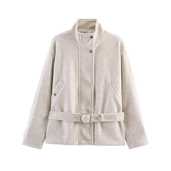 Women's short jacket made of wool blend with waistband, stand-up collar and flap pockets Mune Fashion