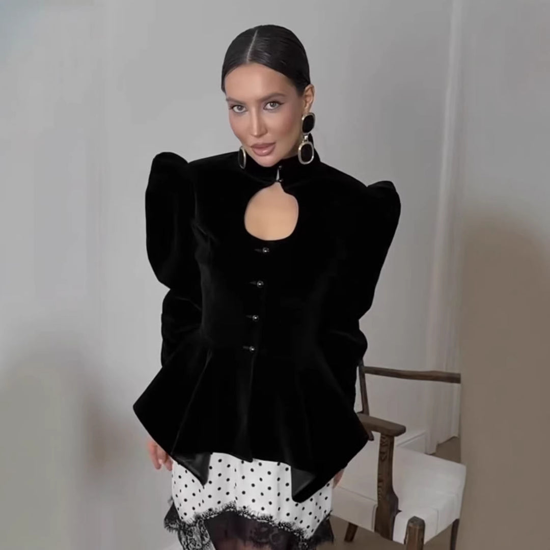 Women's 100+ tailored satin blouse with stand collar, puff sleeves, and peplum Mune Fashion