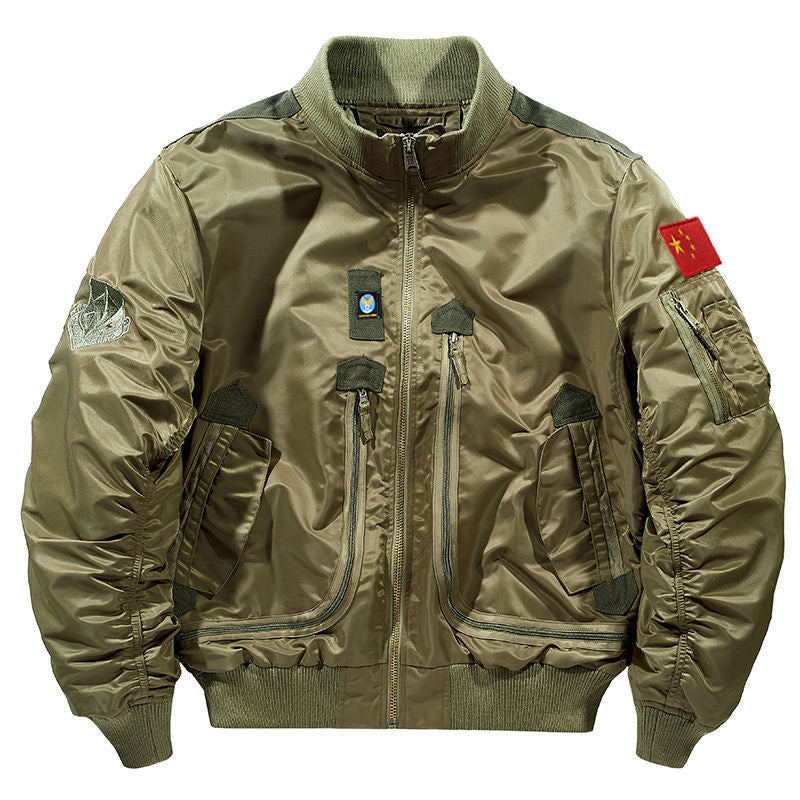 Men's urban bomber jacket in pilot style with multiple zipper and Velcro pockets.