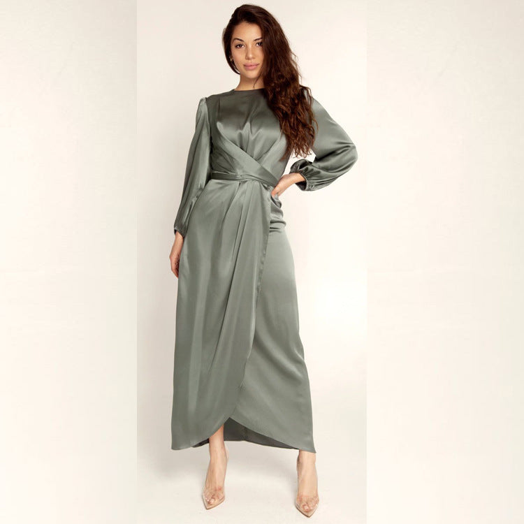 Ladies Elegant Maxi Dress in Satin with Wrap Detail, Long Sleeve and Waistband Mune Fashion