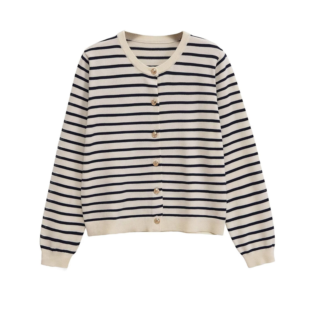 Women's Striped Lightweight Cardigan with Round Neckline and Decorative Buttons Mune Fashion