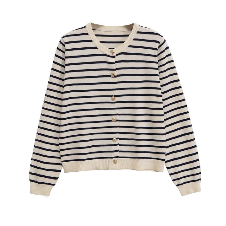 Women's Striped Lightweight Cardigan with Round Neckline and Decorative Buttons Mune Fashion