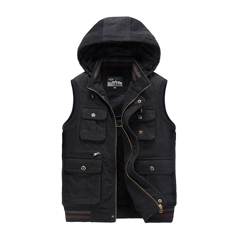Men's Sleeveless Canvas Vest with Hood, Teddy Lining and Multi-Function Pockets Mune Fashion