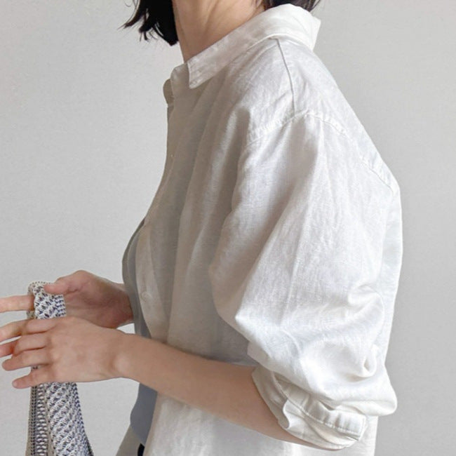 Women Loose Linen Shirt with Boxy Silhouette, Turned-up Cuff and Kent Collar Mune Fashion