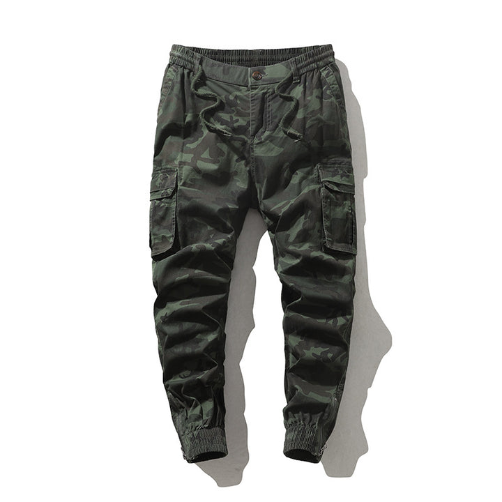 Men's cargo joggers in camouflage print, elastic waistband and cuffs.