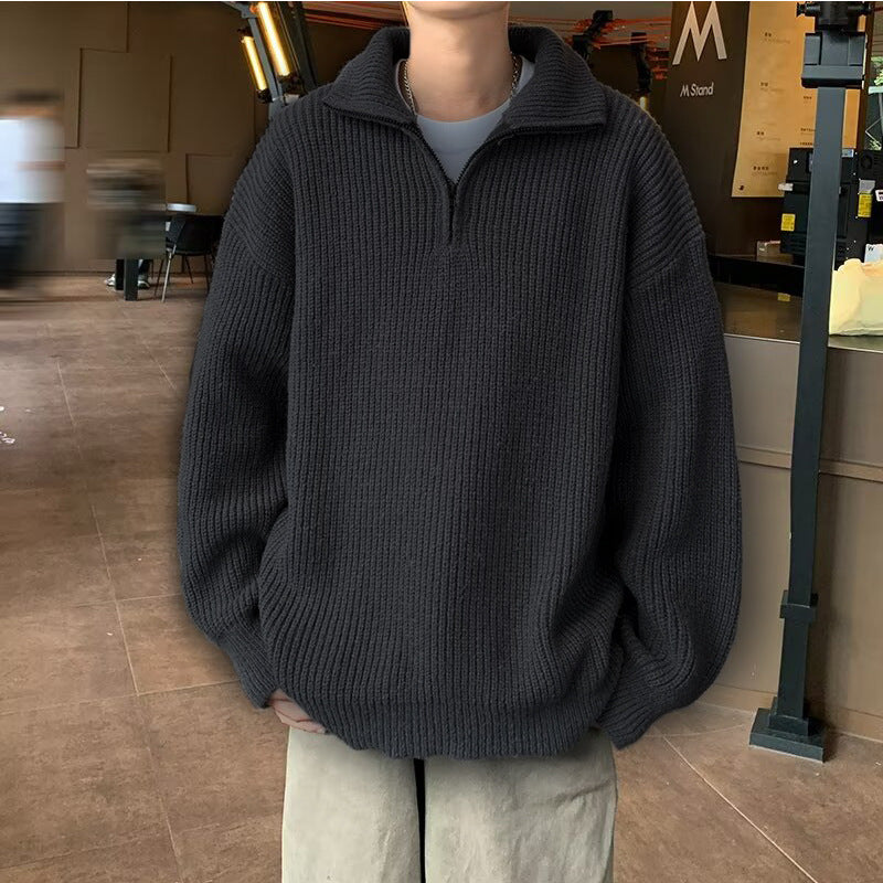 Men's Soft Oversized Ribbed Knit Sweater with Concealed Half Zip and Polo Collar Mune Fashion