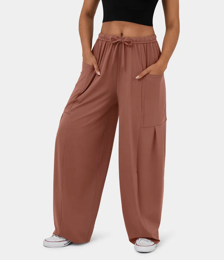 Women's Wide Relaxed Pants with High Elastic Waistband, Drawstring and Large Cargo Pockets Mune Fashion