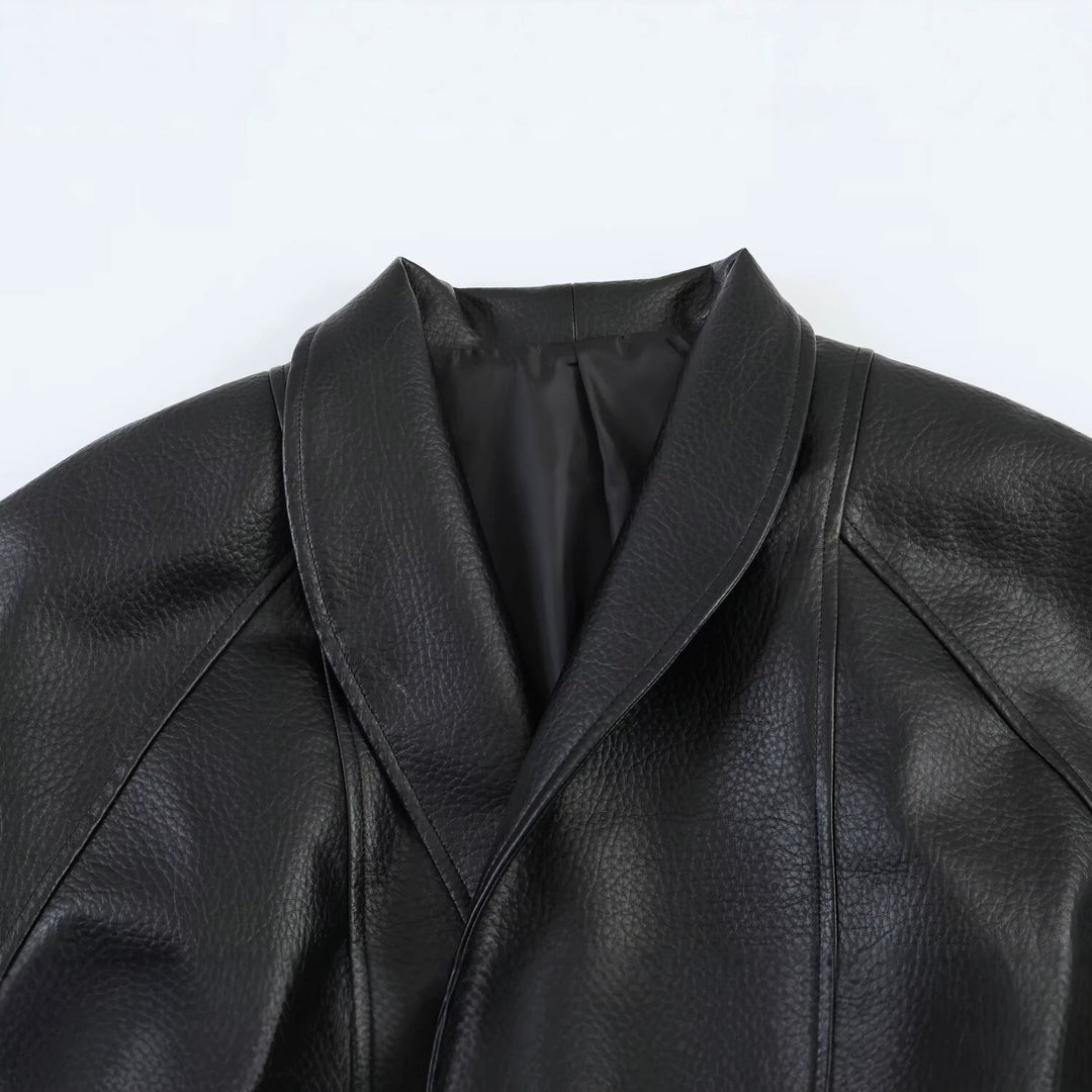 Women's Leather Look Wrap Jacket with Tie Belt Mune Fashion