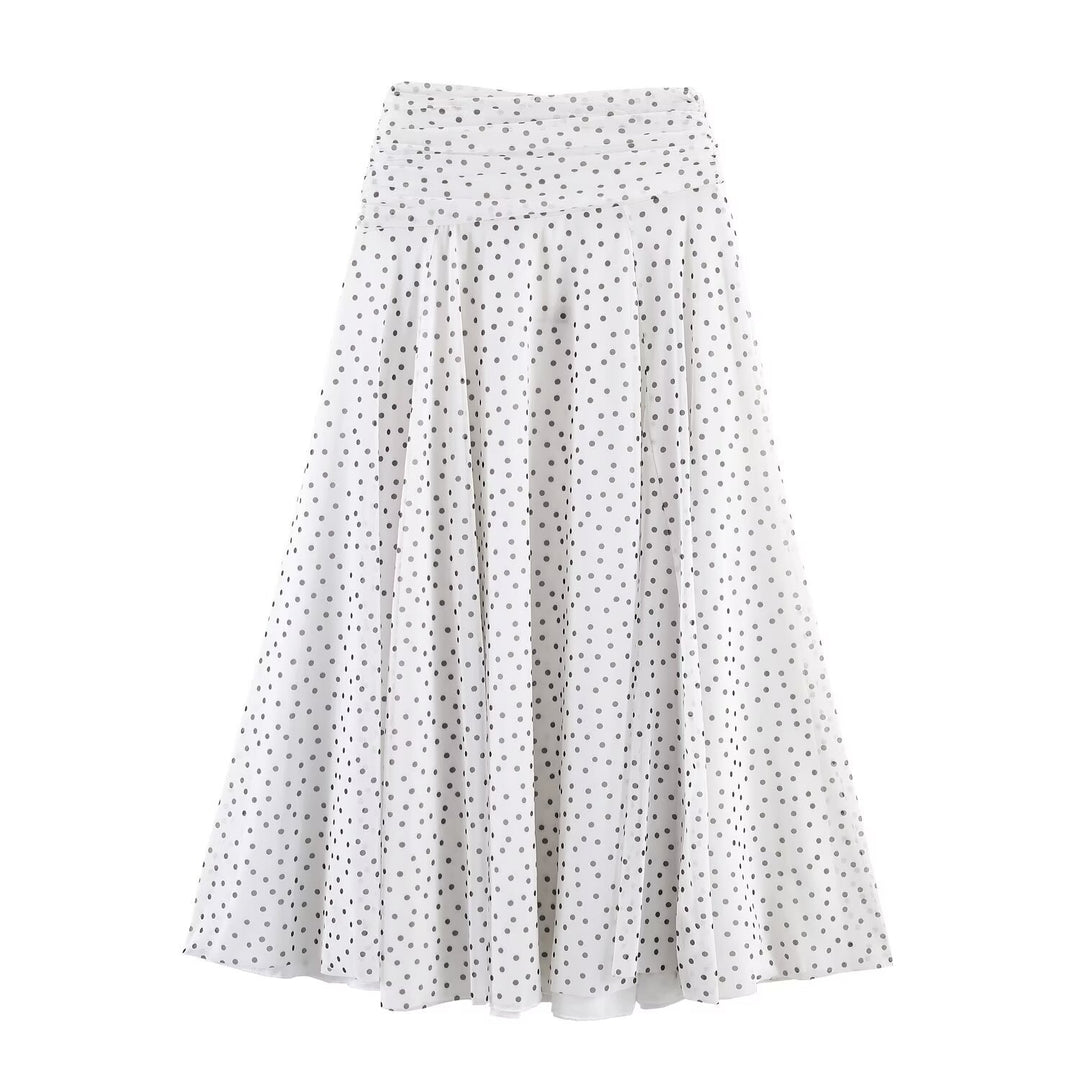 Women's Polka-Dot Midi Skirt with High Waist, A-Line and Layered Chiffon Mune Fashion