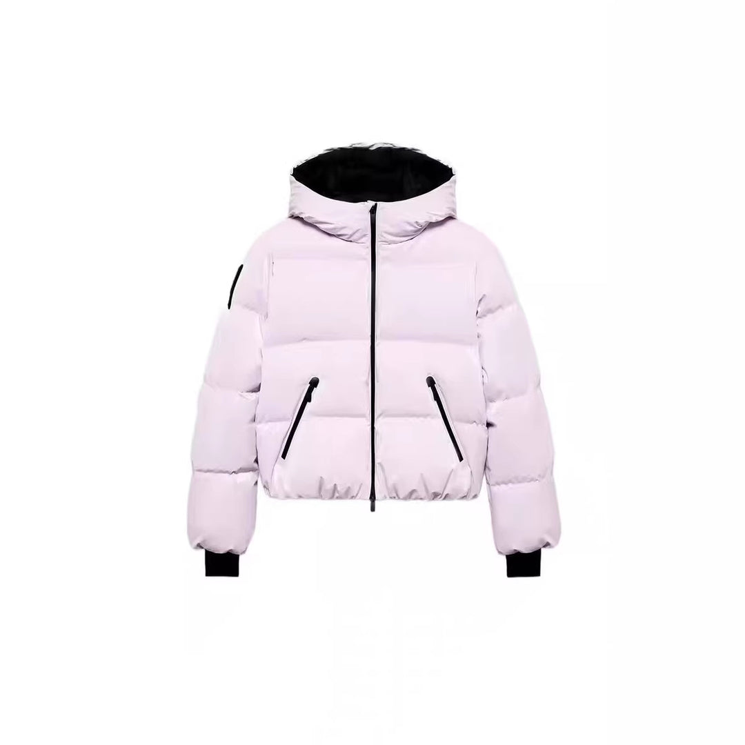 Women's short padded bomber-style hooded jacket with elastic hem and zippered pockets Mune Fashion