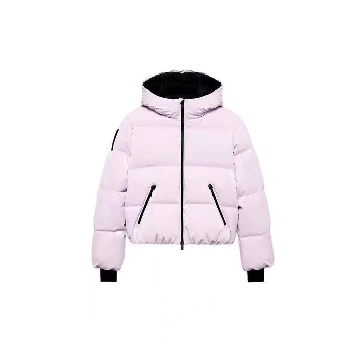 Women's short padded bomber-style hooded jacket with elastic hem and zippered pockets Mune Fashion