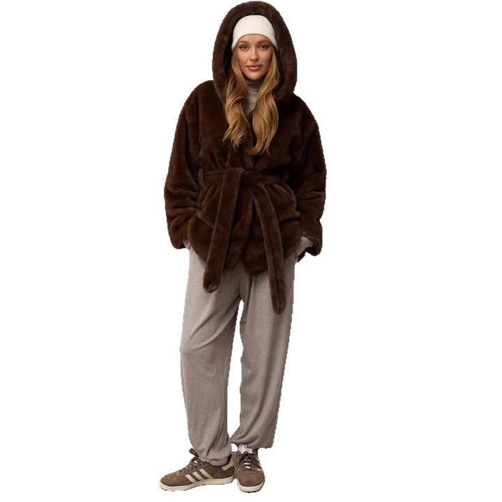 Women's short fitted faux fur coat with hood and tie belt Mune Fashion
