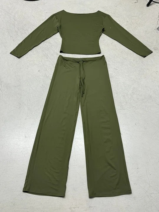 Women's Lounge Set with Off-Shoulder Stretch Top and Wide Drawstring Pants Mune Fashion