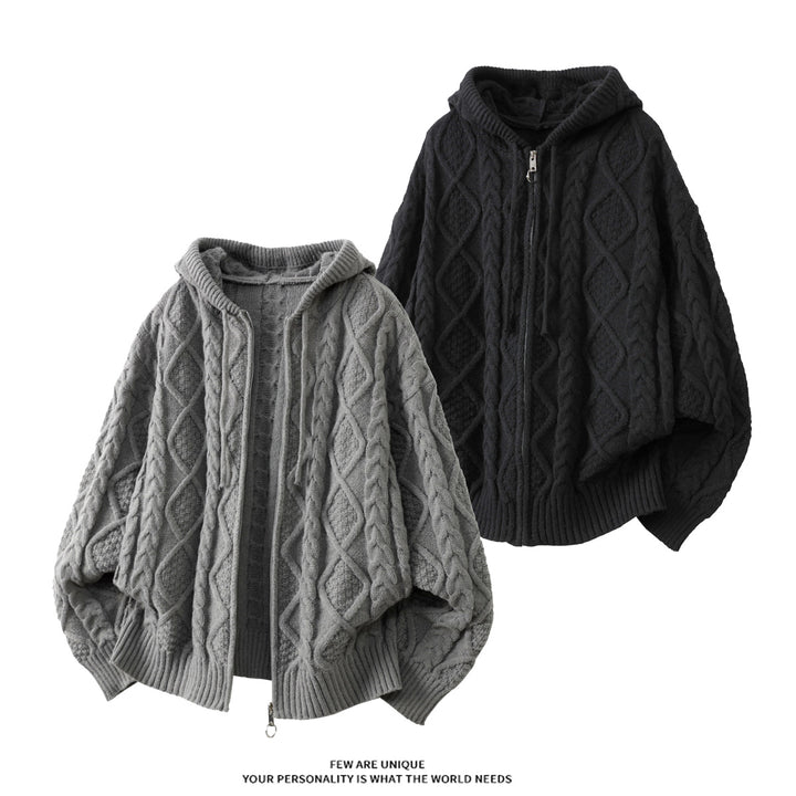 Women Oversize Hooded Cardigan with Cable Pattern and Front Zipper Mune Fashion