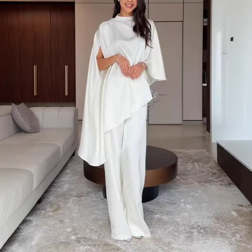 Women Two-Piece Chiffon Cape with Asymmetrical Hem and Trousers with Elastic Waist Mune Fashion