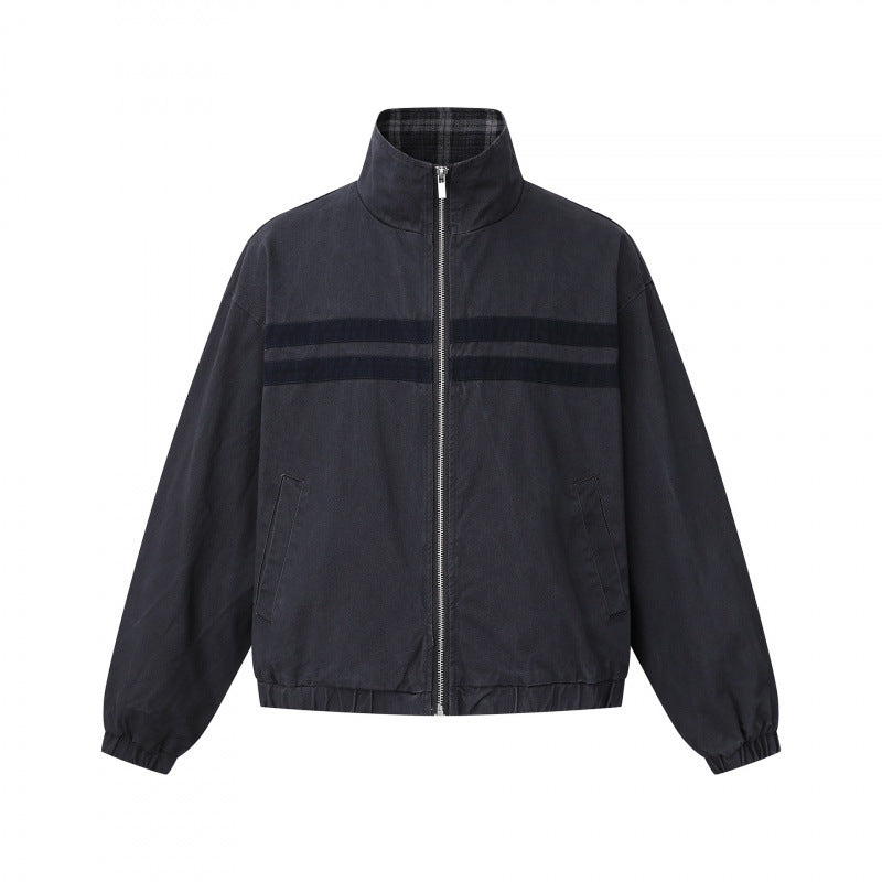 Unisex short cut boxy blouson jacket with stand collar, double stripe detail and checked inner lining Mune Fashion