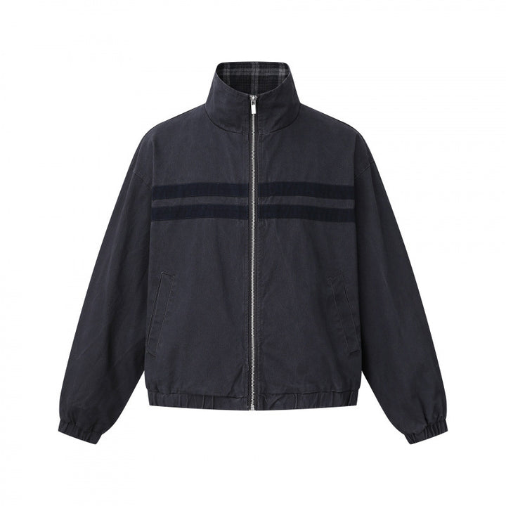 Unisex short cut boxy blouson jacket with stand collar, double stripe detail and checked inner lining Mune Fashion