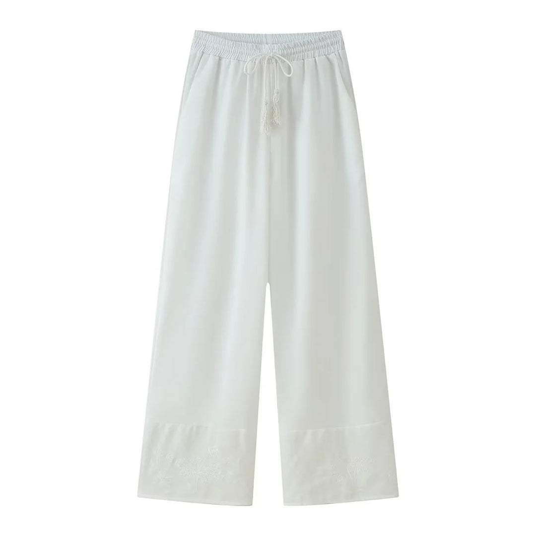 Ladies nan lightweight culotte pants with high elastic waistband, adjustable drawstring, side pockets, and embroidered hem Mune Fashion