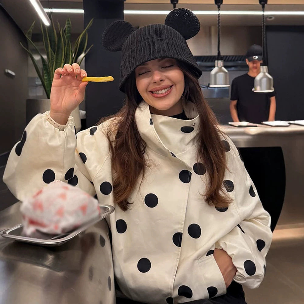 Women's cropped bomber jacket with oversized shawl collar and polka dot print Mune Fashion