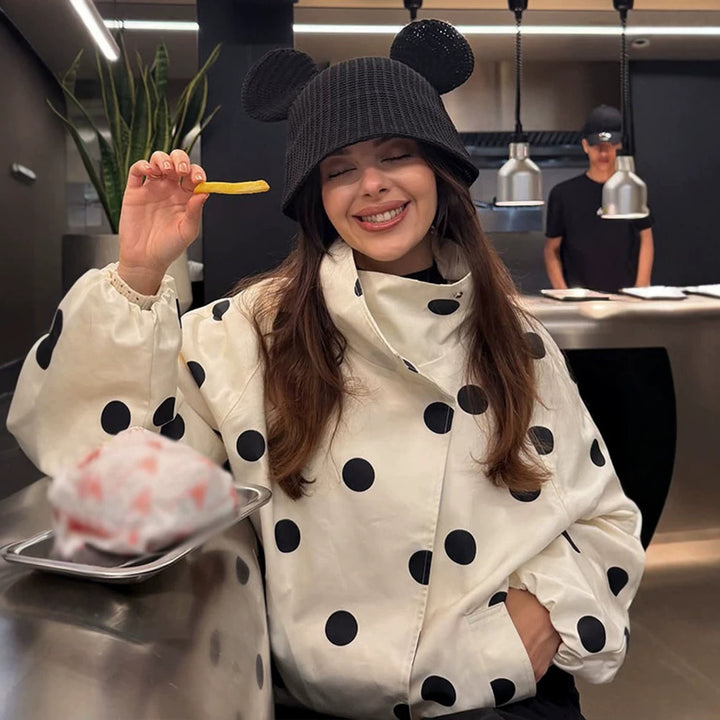 Women's cropped bomber jacket with oversized shawl collar and polka dot print Mune Fashion