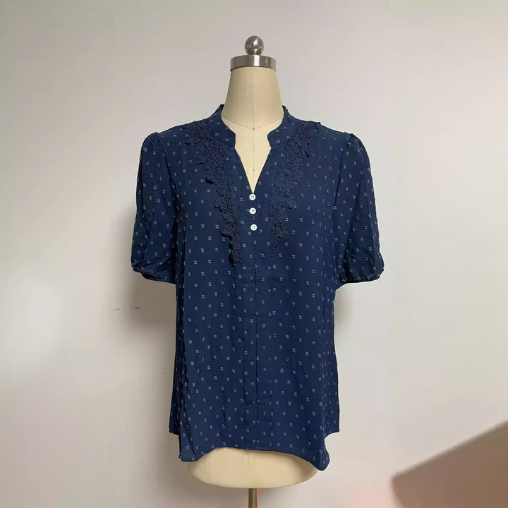 Women's semi-transparent Dobby blouse with stand-up collar, crochet trim, and puff sleeves Mune Fashion