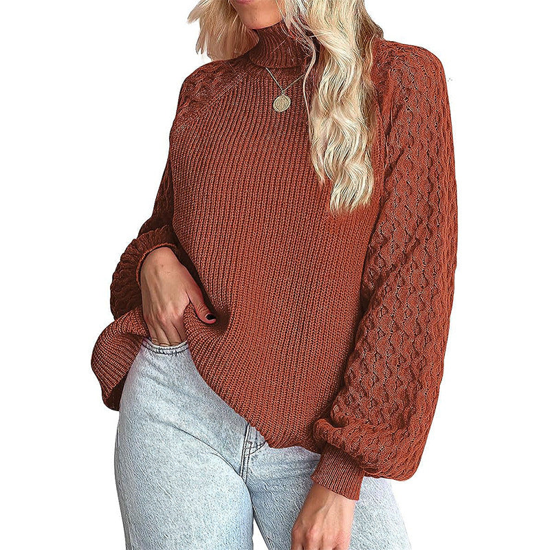 Women's fine knit sweater with turtleneck and voluminous cable pattern sleeves Mune Fashion