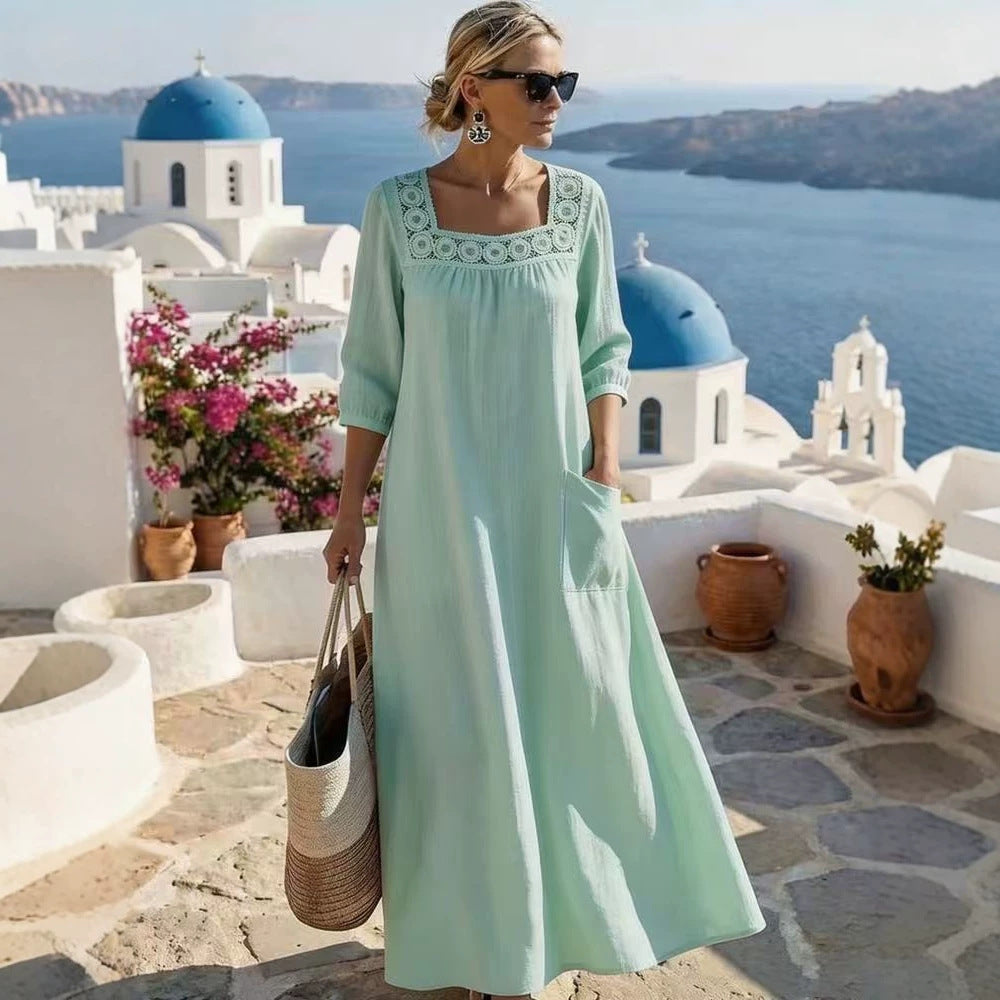 Women's maxi dress with crochet square neckline, three-quarter sleeves, and pocket Mune Fashion