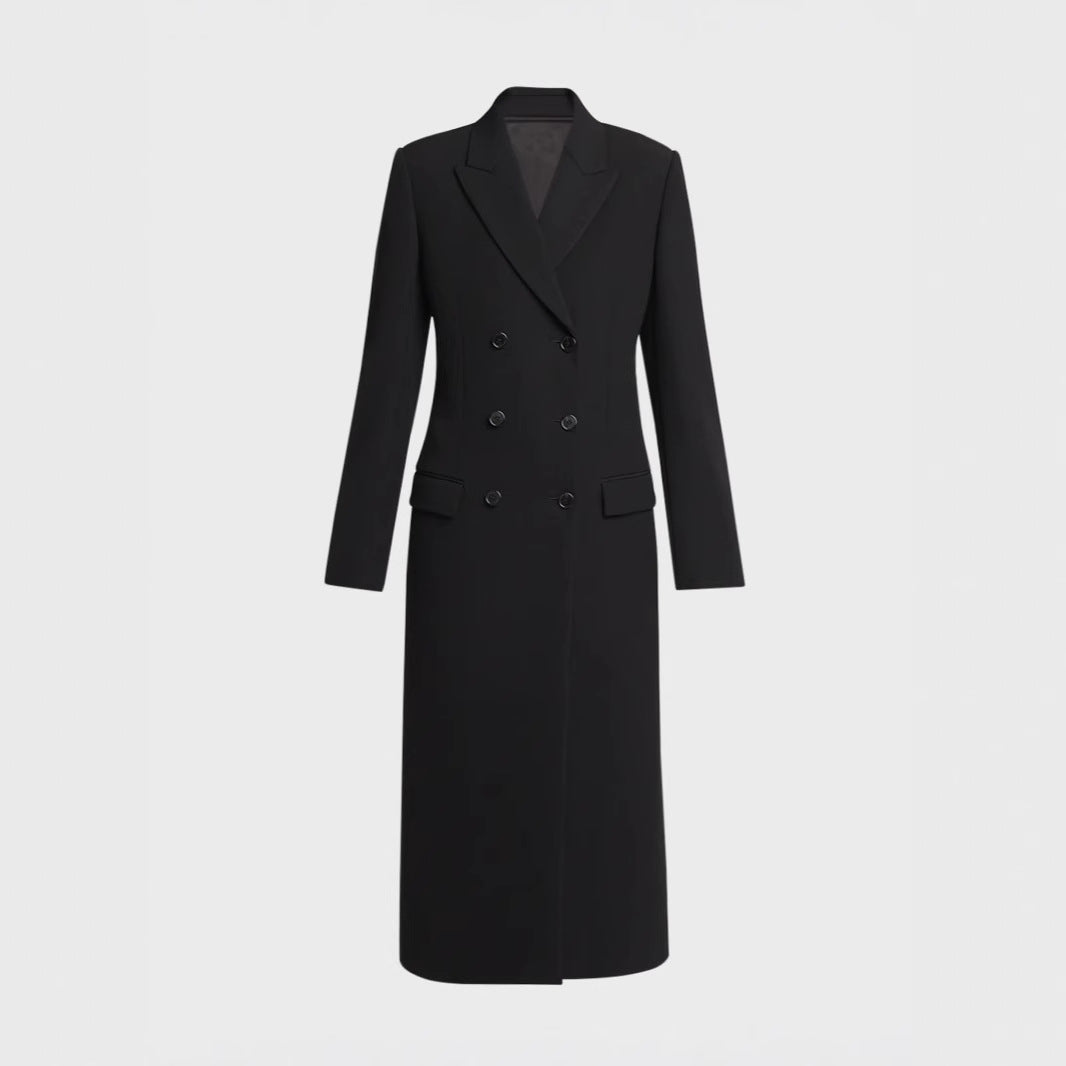 Women Mid-length Double-breasted Blazer Coat with Structured Shoulder and Slim Fit Mune Fashion